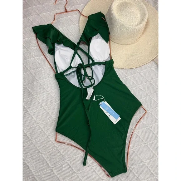 Cupshe Ruffle One Piece Swimsuit Plunge Criss Cross Back Bathing Suit size XS - Picture 8 of 9